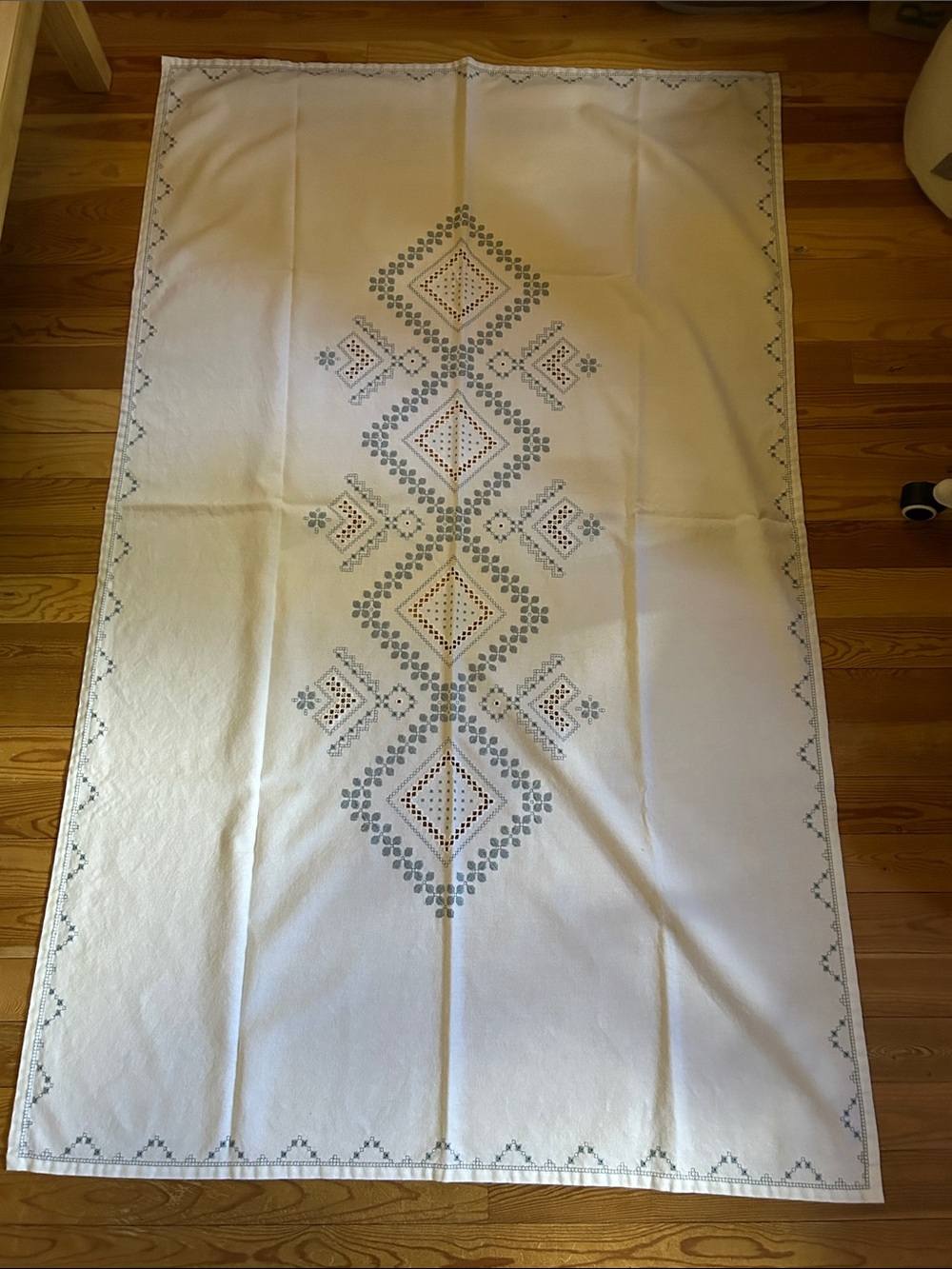 Vintage Embroidered White Tablecloth with Blue Geometric Motif 72x44